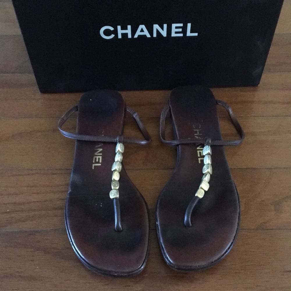 Authentic CHANEL Sandals. Sz. 37 Dark Brown w/Gold